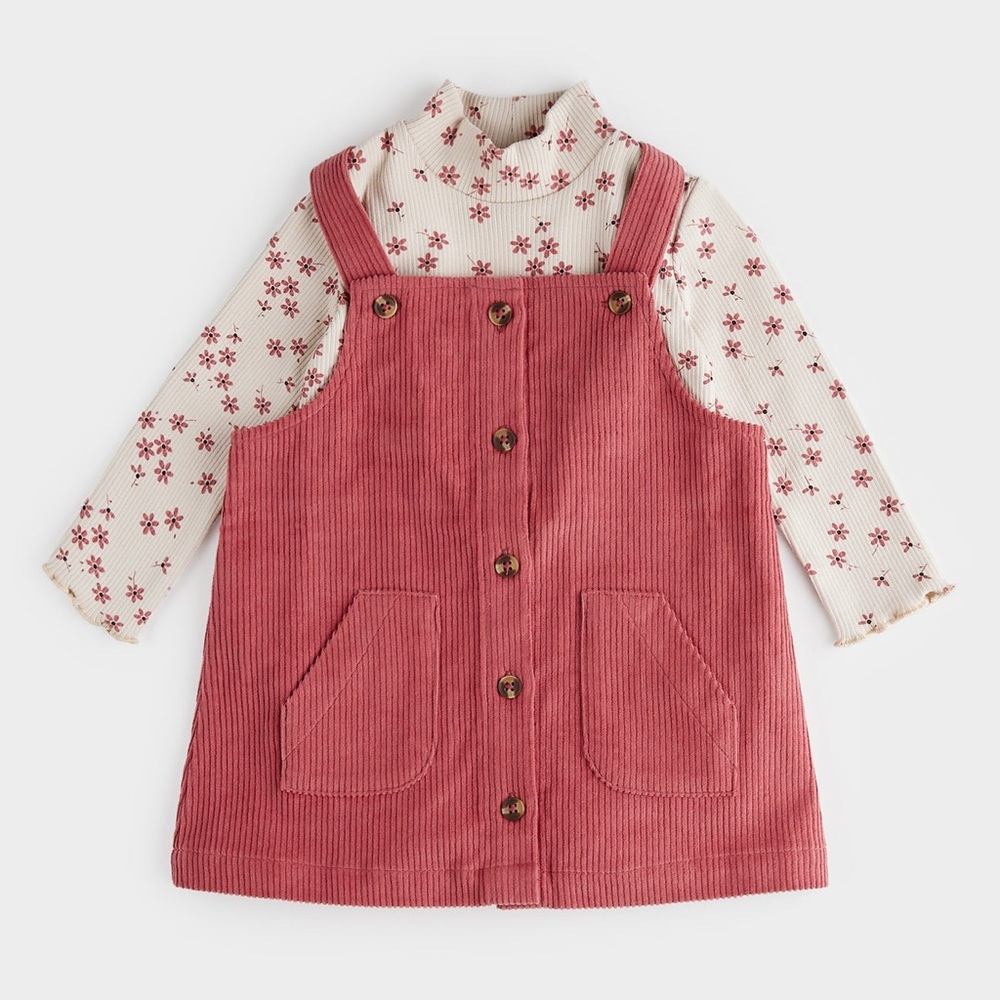 Petit Lem Raspberry Corduroy Overall Dress Set, 12M